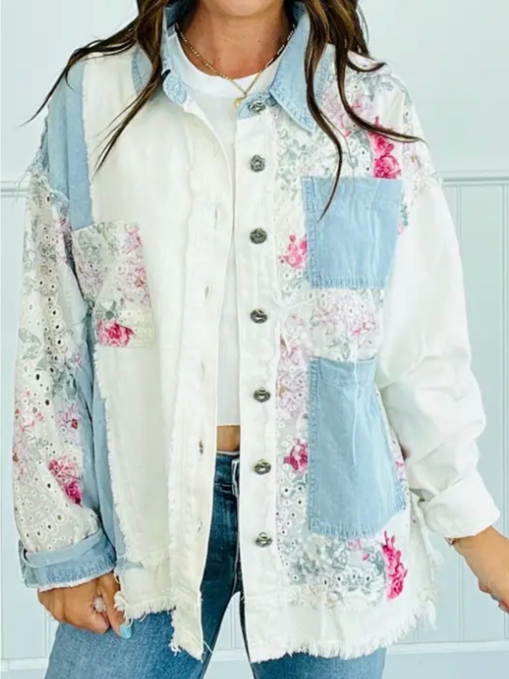 POL Patchwork Floral Jean Jacket in Cream, Light Blue & Pink